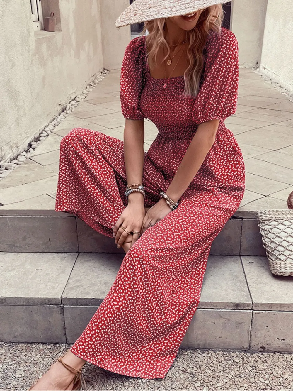 Printed Square Neck Puff Sleeve Jumpsuit, image 31