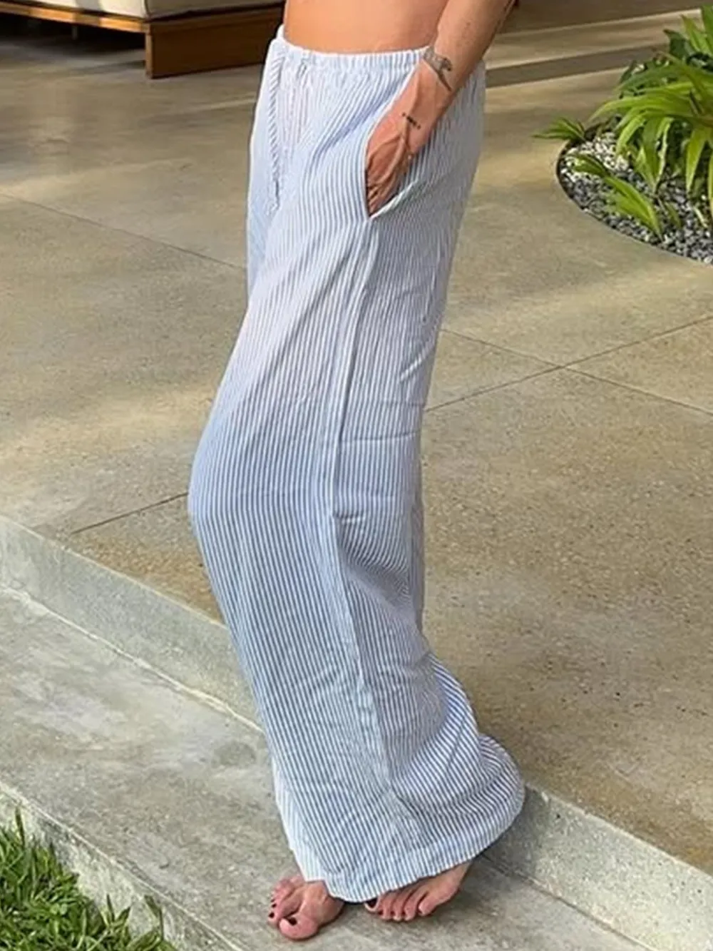 Striped Drawstring Wide Leg Pants, image 4