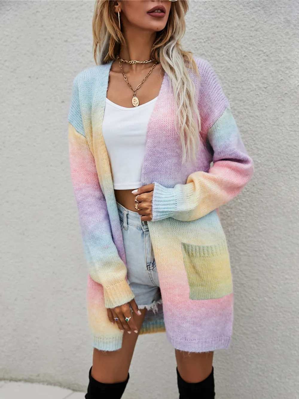 Full Size Pocketed Open Front Gradient Cardigan, image 13