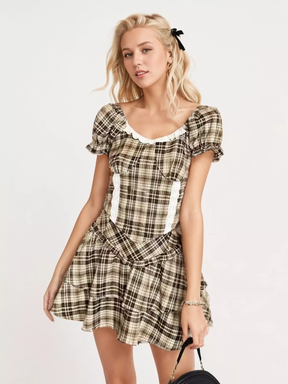 Plaid Puff Sleeve Top and Skirt Set, image 6