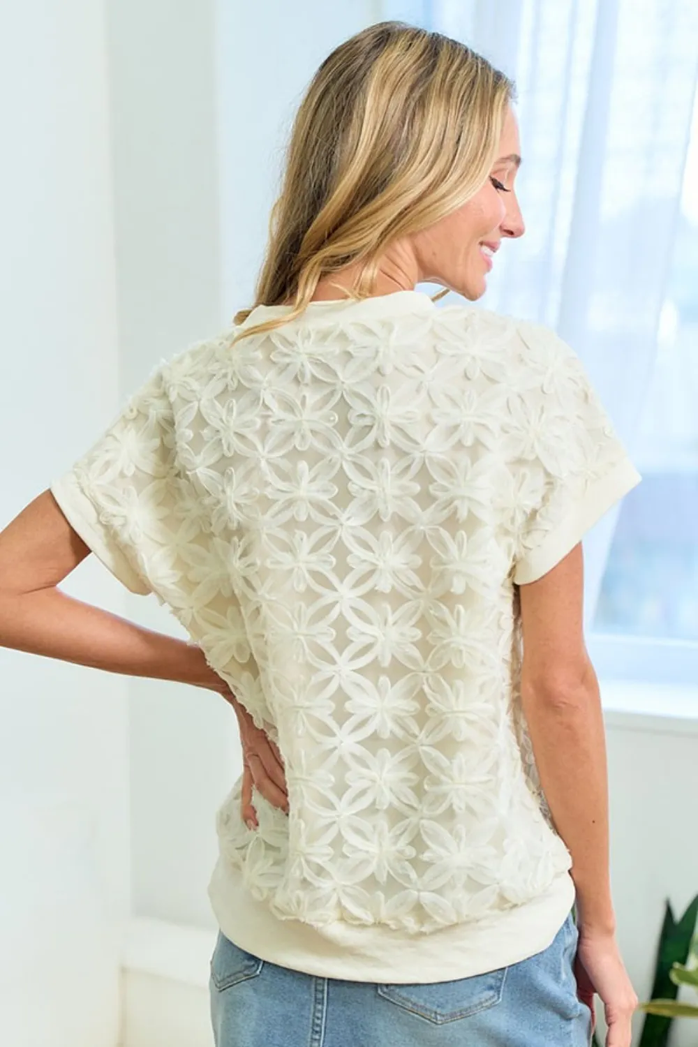 3D Mesh Flower Round Neck Short Sleeve Top, image 4
