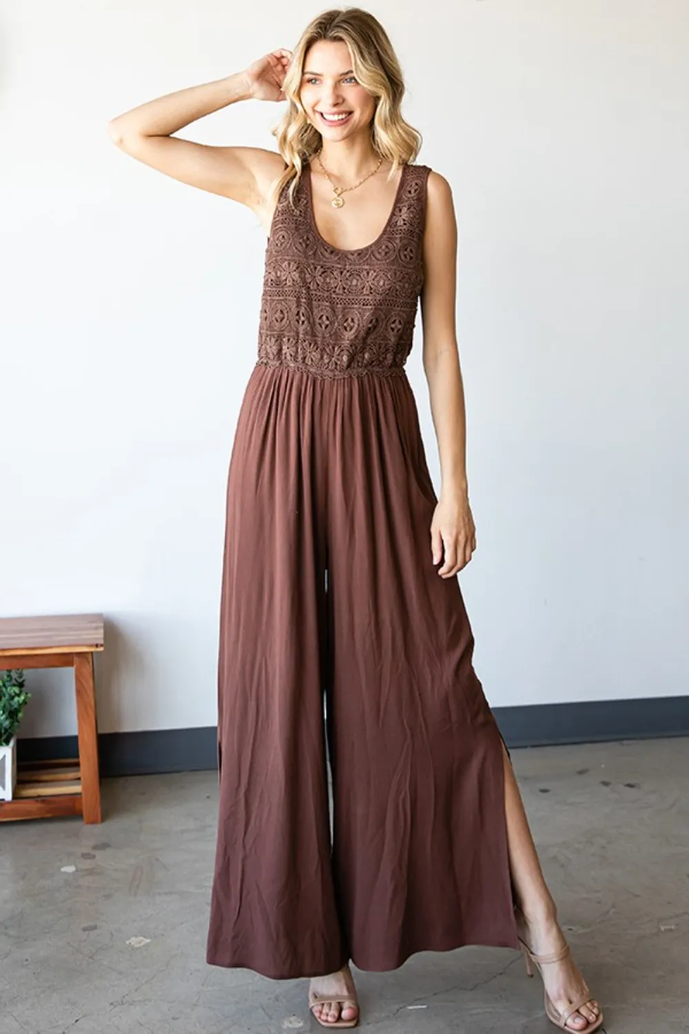 Tie Back Sleeveless Slit Wide Leg Jumpsuit, image 8