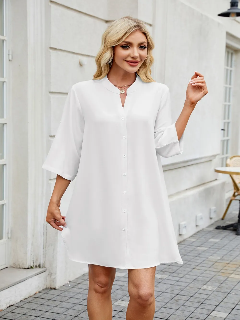 Notched Long Sleeve Mini Shirt Dress, image 17