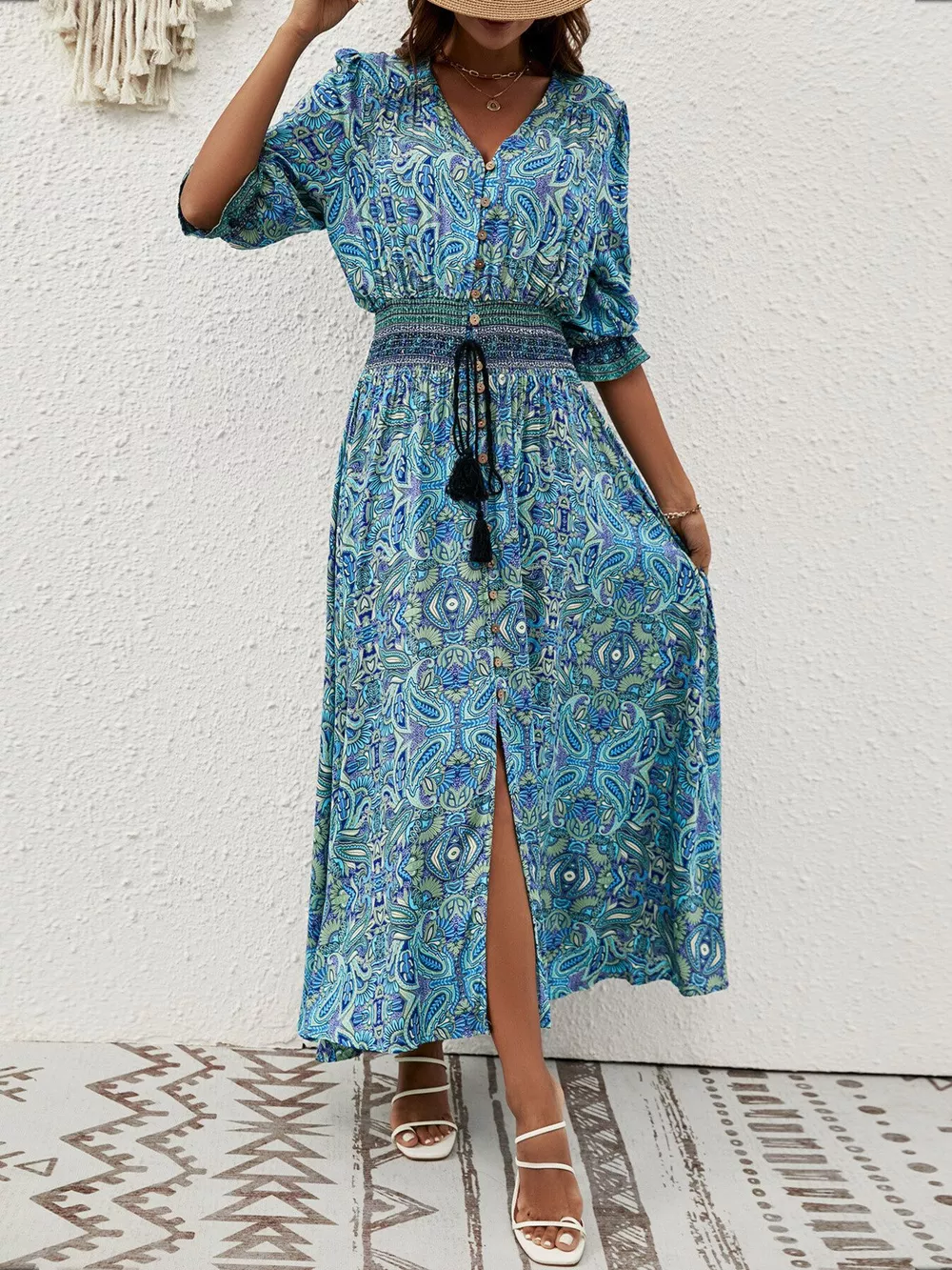 Paisley Print Half Sleeve Slit Midi Dress, image 13