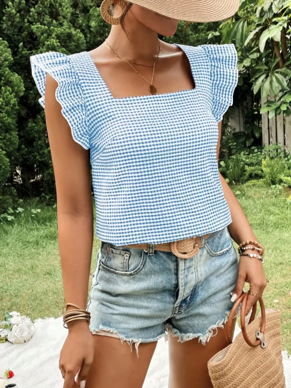 Gingham Ruffle Sleeve Square Neck Blouse, image 19