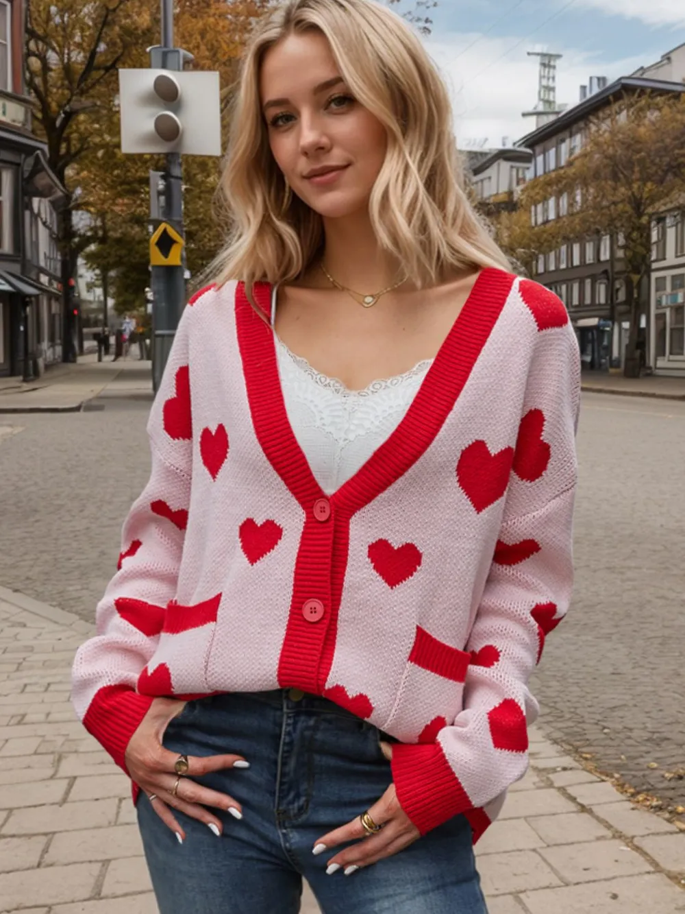 Heart Button Up Dropped Shoulder Long Sleeve Cardigan, image 2