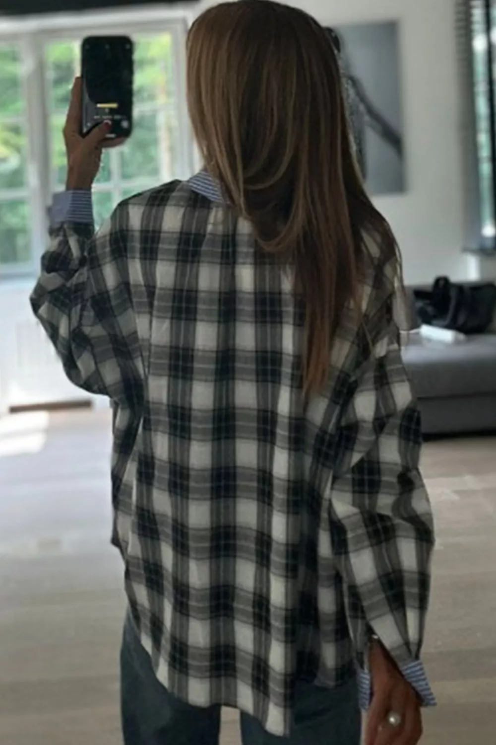 Contrast Striped Edge Half Placket Plaid Blouse, image 7