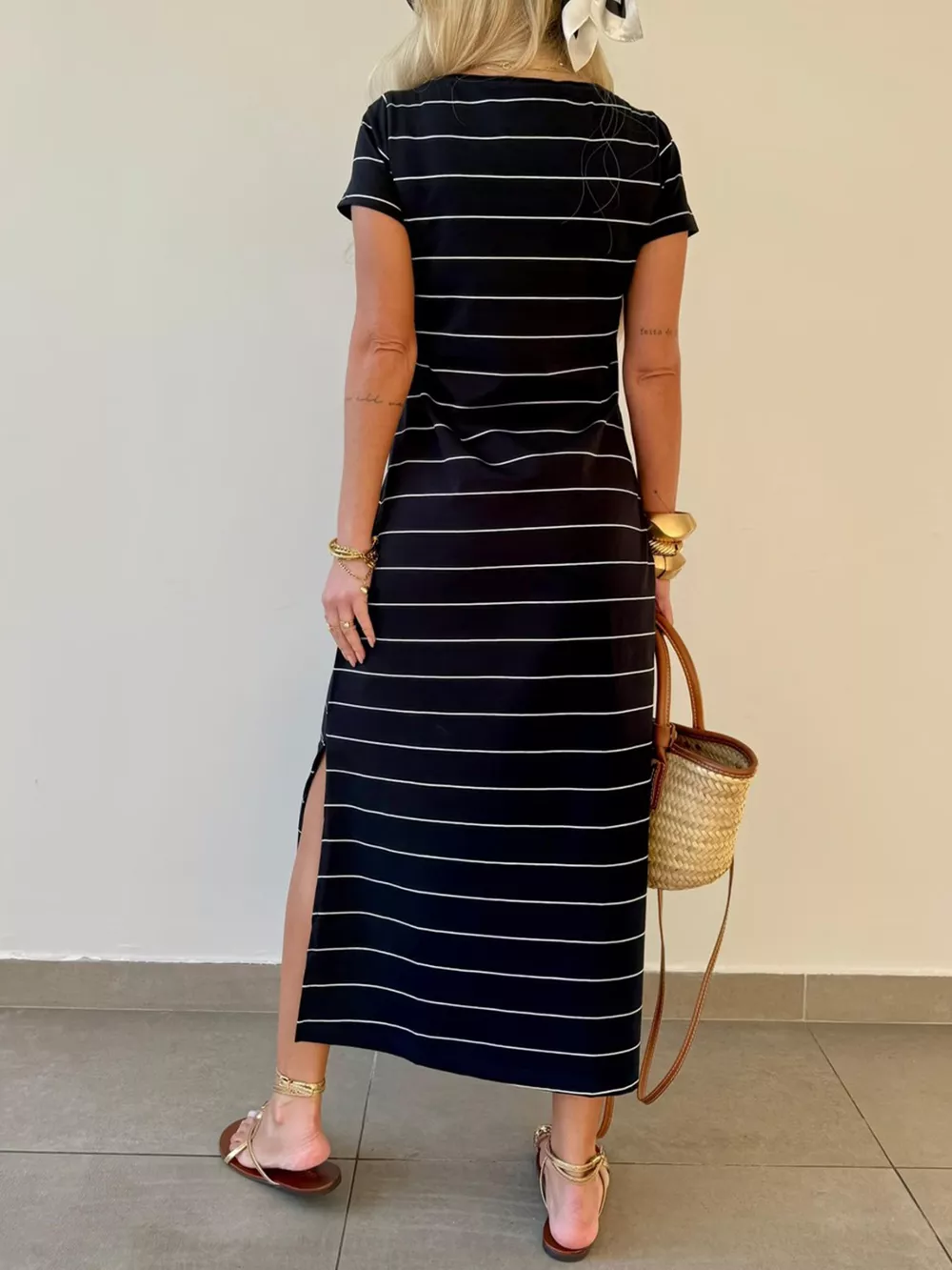 Slit Casual Striped Midi T-Shirt Dress, image 6