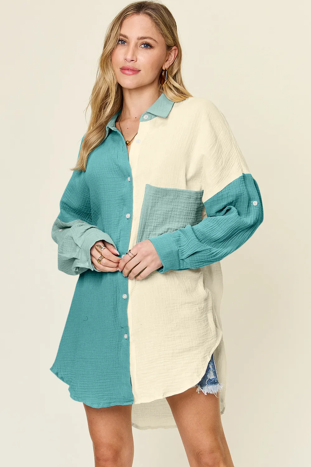 Full Size Pocketed Texture Button Up Shirt, image 13
