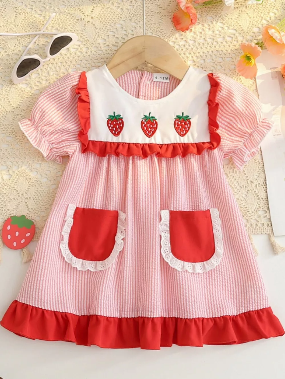 Children's Fruit Embroidered Striped Short Sleeve Dress, image 6