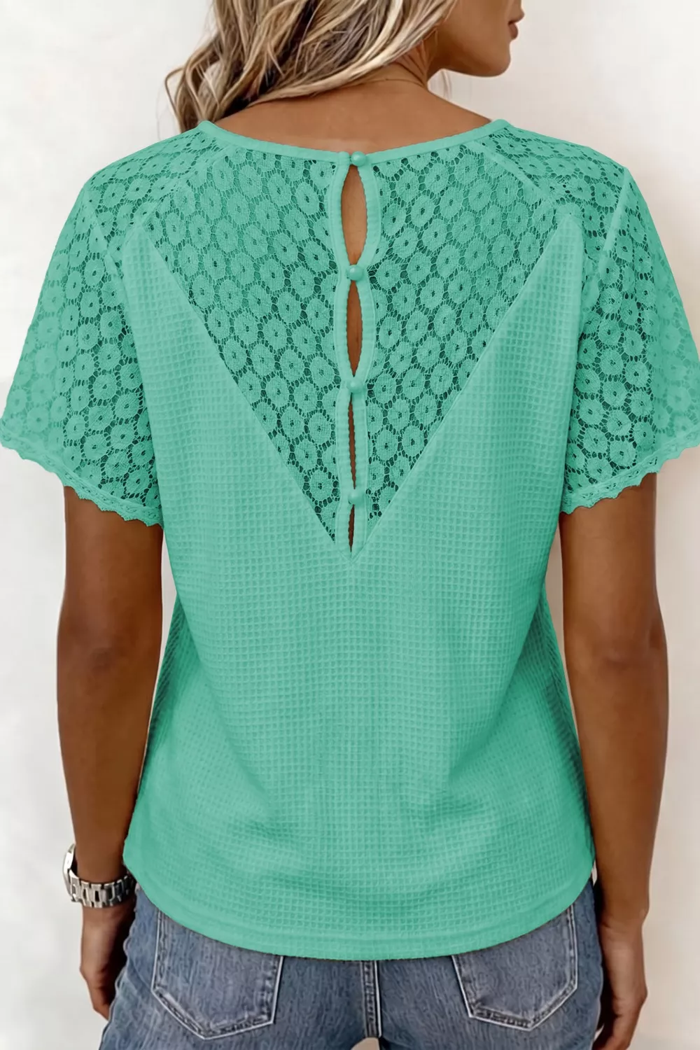Lace Splicing Button Cutout V Neck Waffle Knit Blouse, image 4