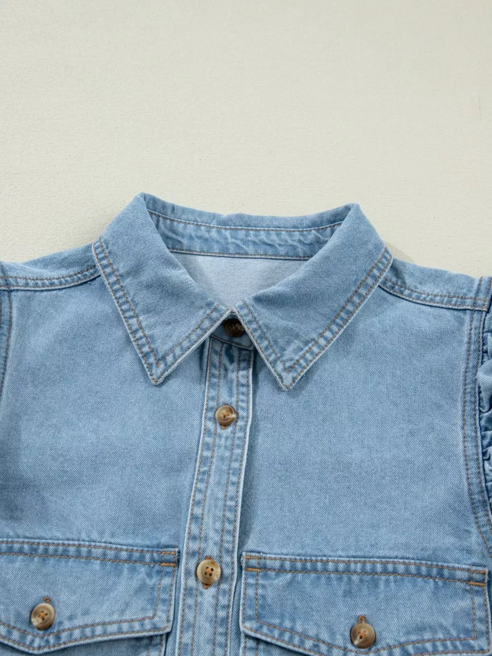 Ruffled Button-Down Denim Shirt, image 9