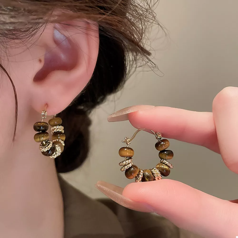 Tiger's Eye 18K Gold-Plated Copper Geometric Earrings, image 3