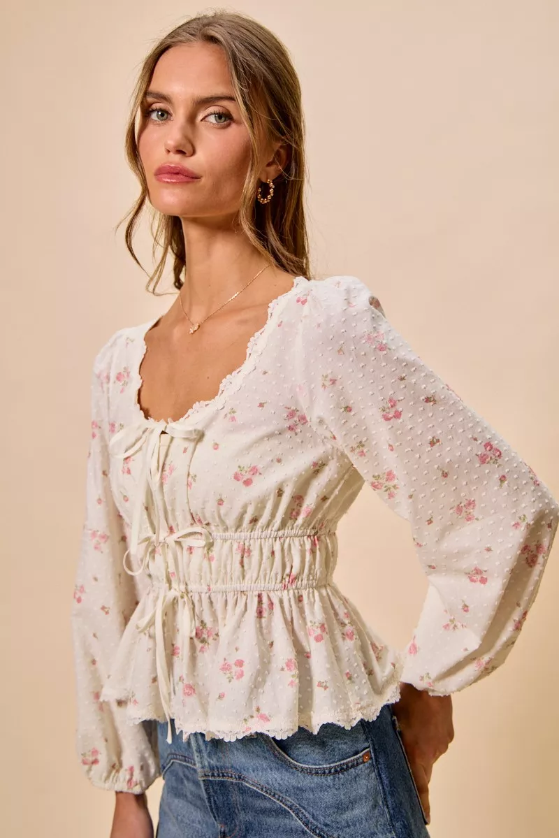 Floral Clip Dot Lace Trim Ruched Bodice Blouse, image 11