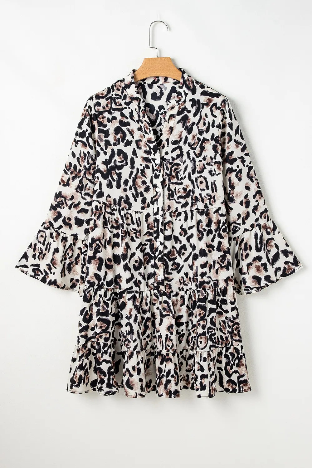Leopard Print Buttoned Front 3/4 Sleeve Tiered Ruffled Hem Dress, image 17