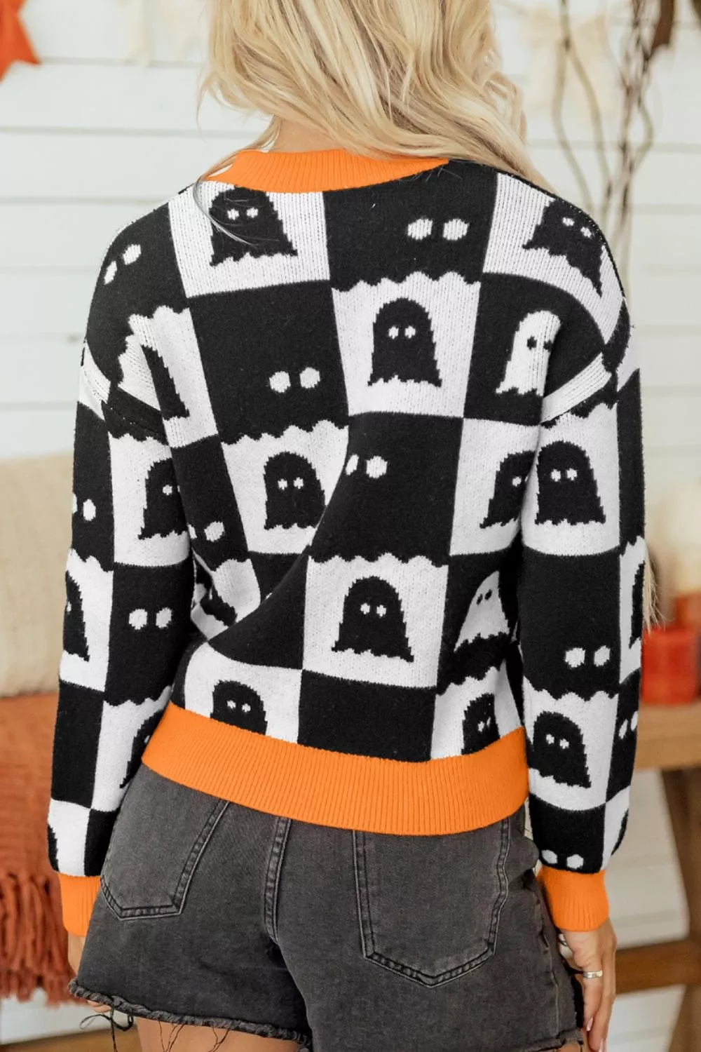 Halloween Ghost Pattern Checkerboard Sweater, image 3