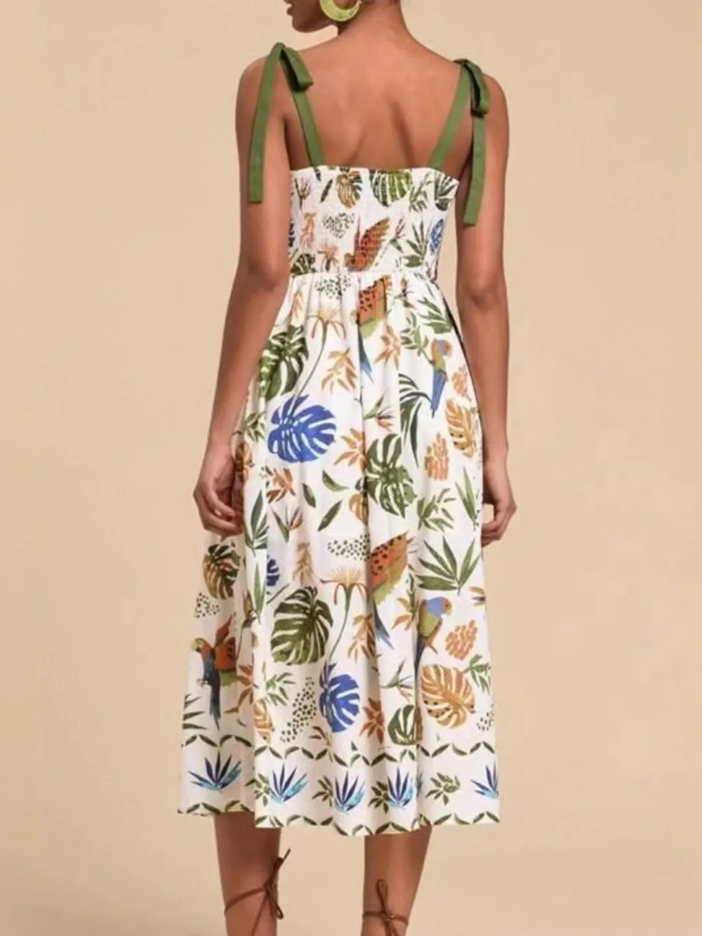 Tropical Print Tie-Shoulder Sweetheart Neck Midi Dress, image 3