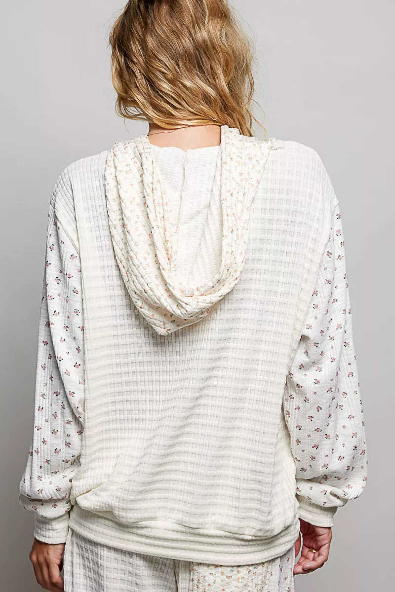 POL Mixed Knit Contrast Print Sleeve Hoodie with Kangaroo Pocket, image 3