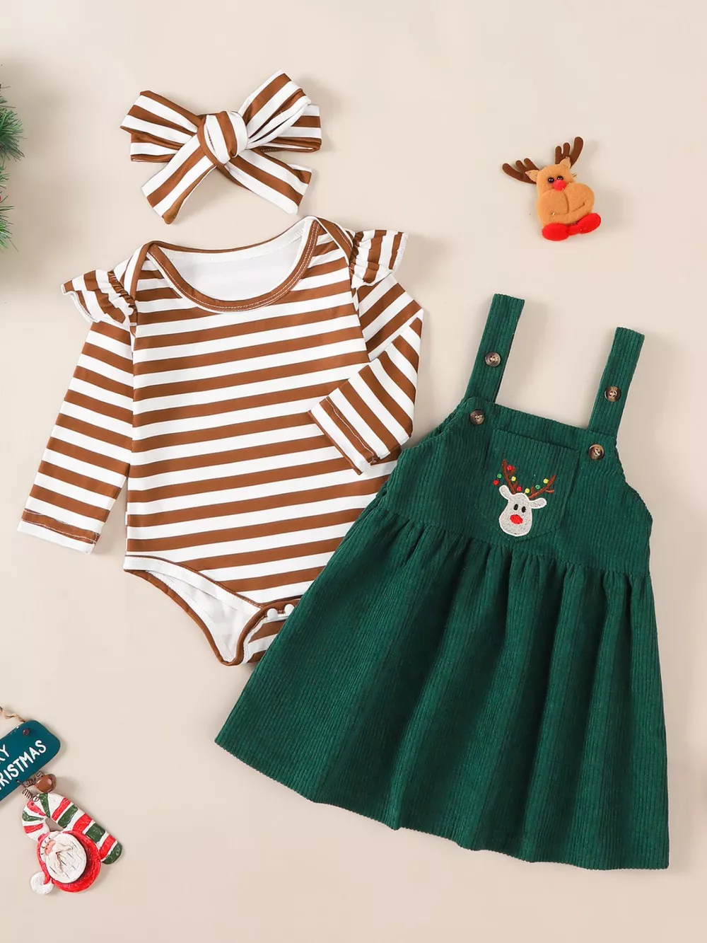 Children's Christmas Bodysuit and Overall Dress Set with Headband, image 7
