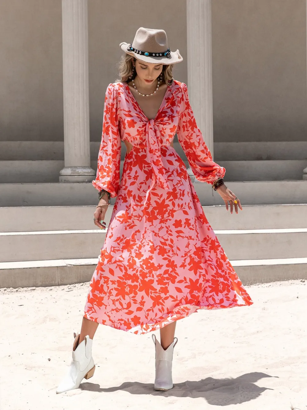 Tied Cutout Printed Long Sleeve Midi Dress, image 4