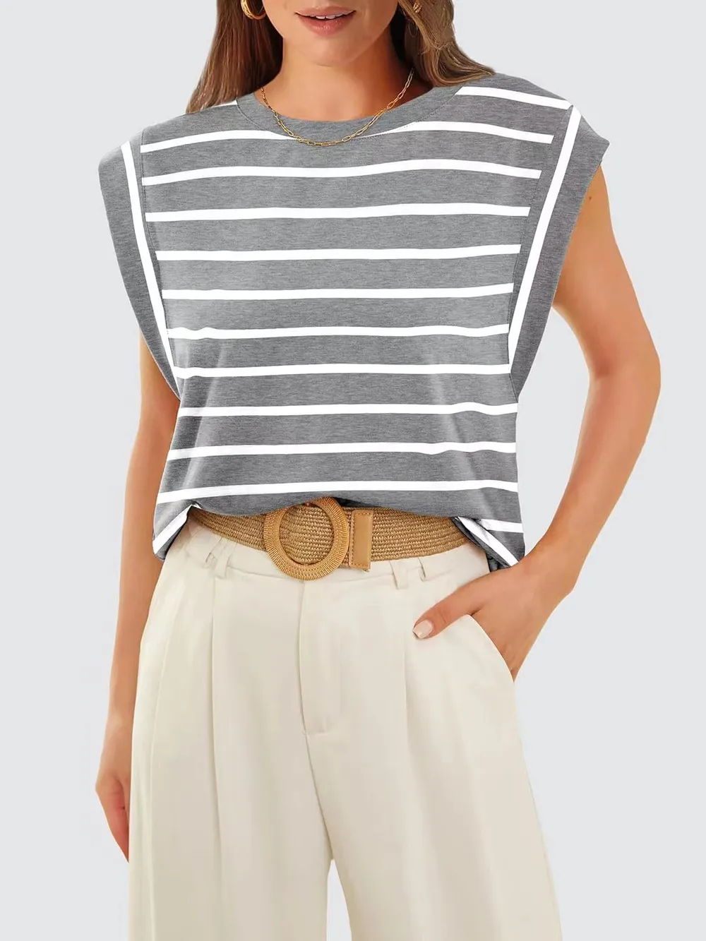 Striped Round Neck Cap Sleeve T-Shirt, image 15