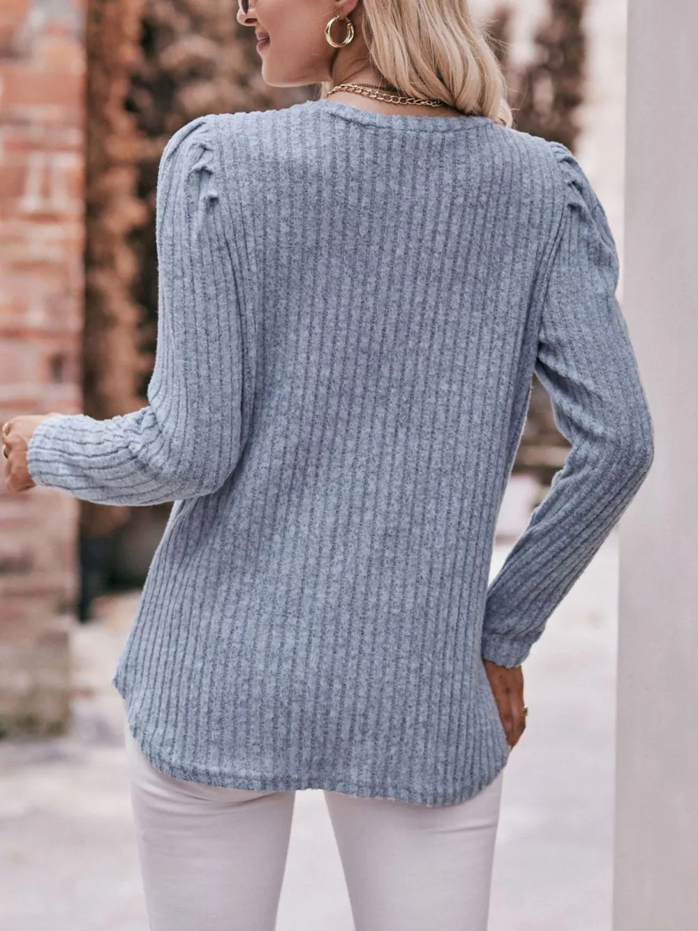 Ribbed Knit Puff Sleeve T-Shirt, image 9