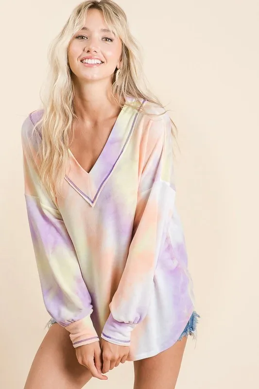 Tie Dye French Terry V-Neck Top with Puff Sleeves, image 3