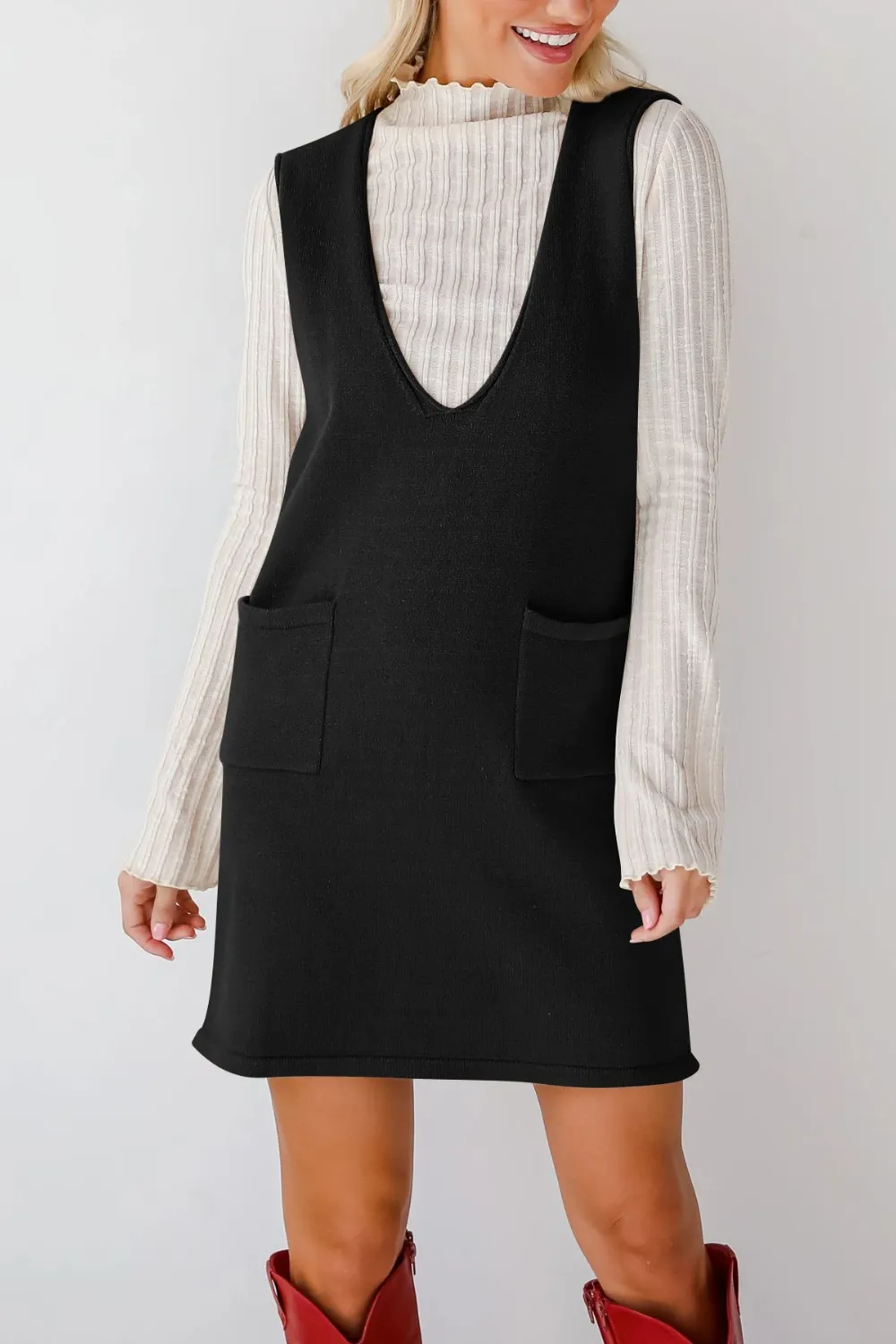 Pocketed V-Neck Mini Sweater Overall Dress