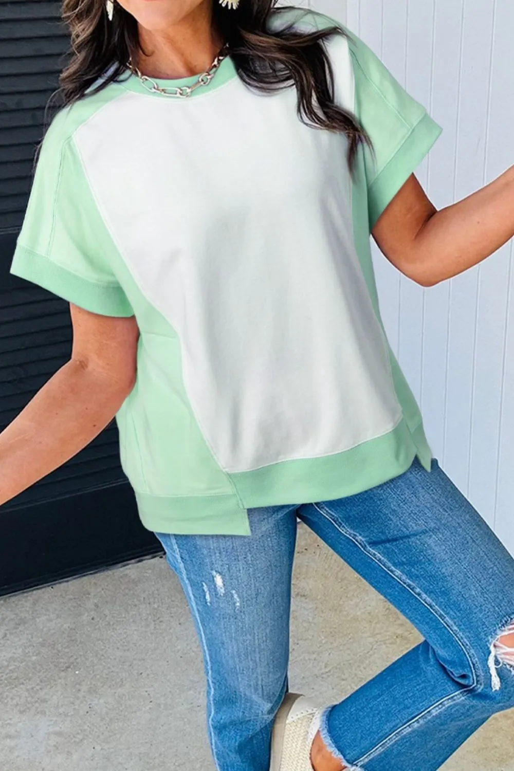 Color Block Exposed Seam Crew Neck T Shirt, image 8