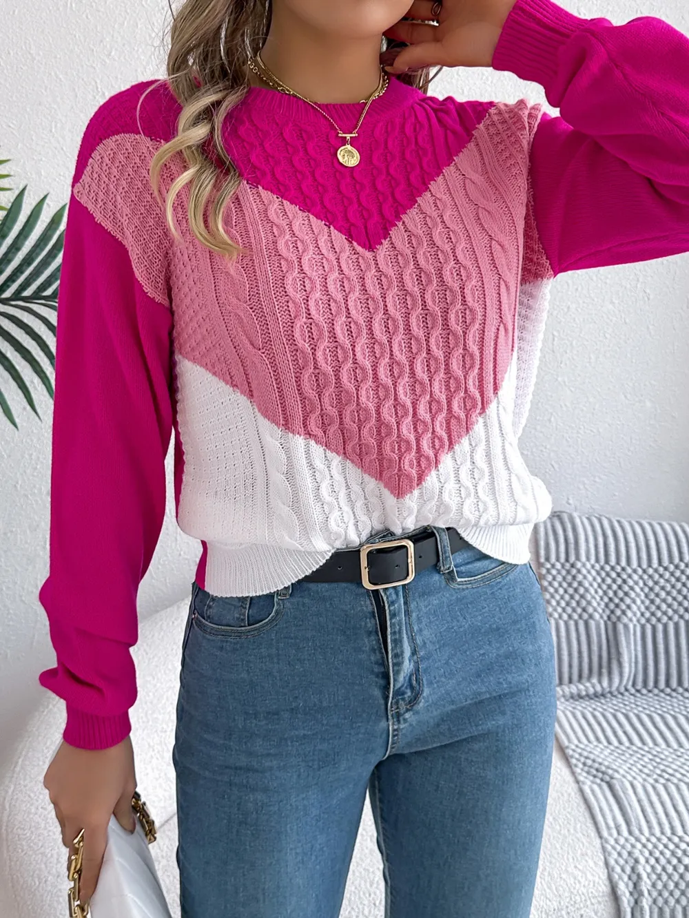 Contrast Round Neck Long Sleeve Sweater, image 16