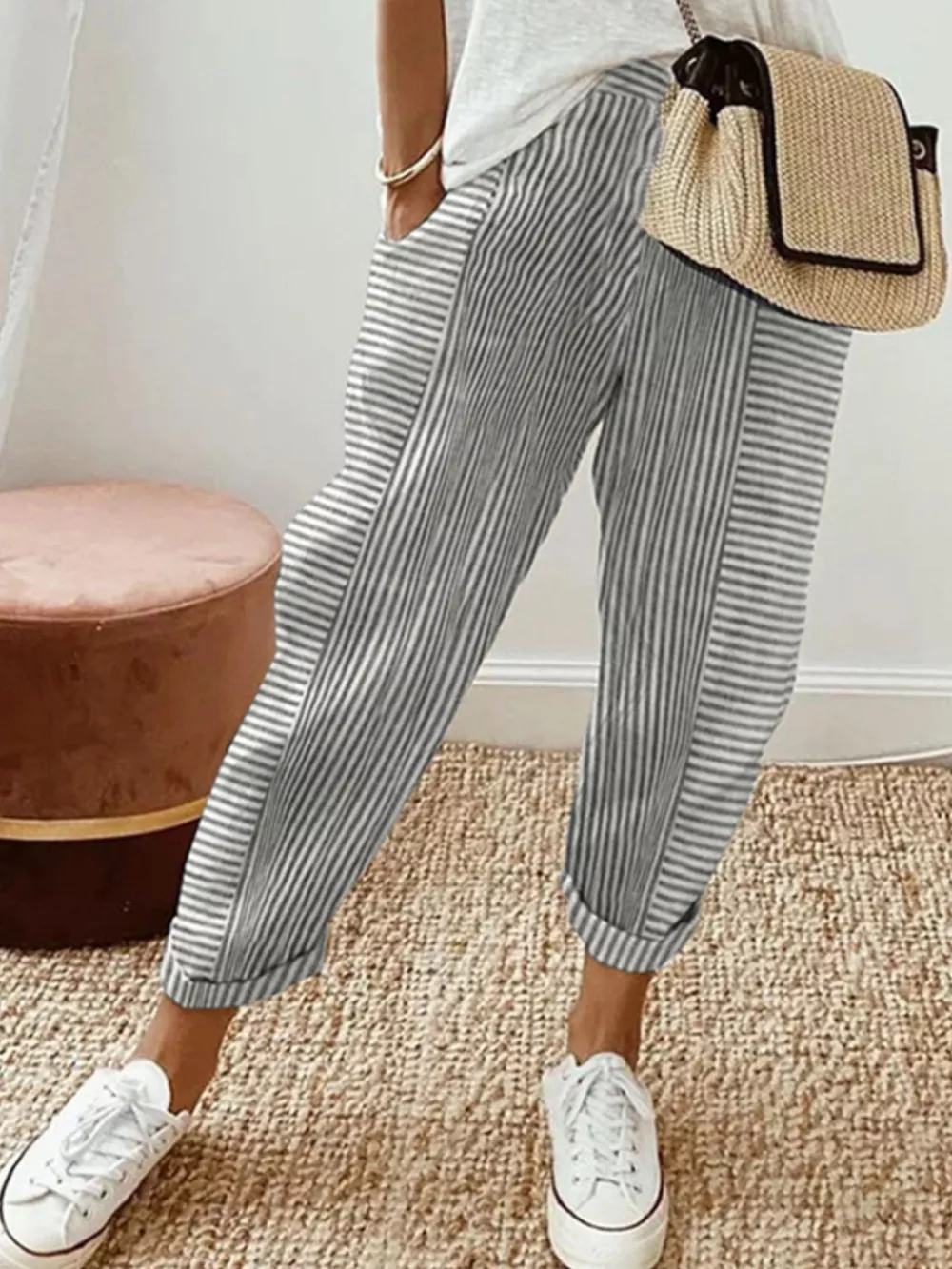 Full Size Striped Casual Pants Plus Size