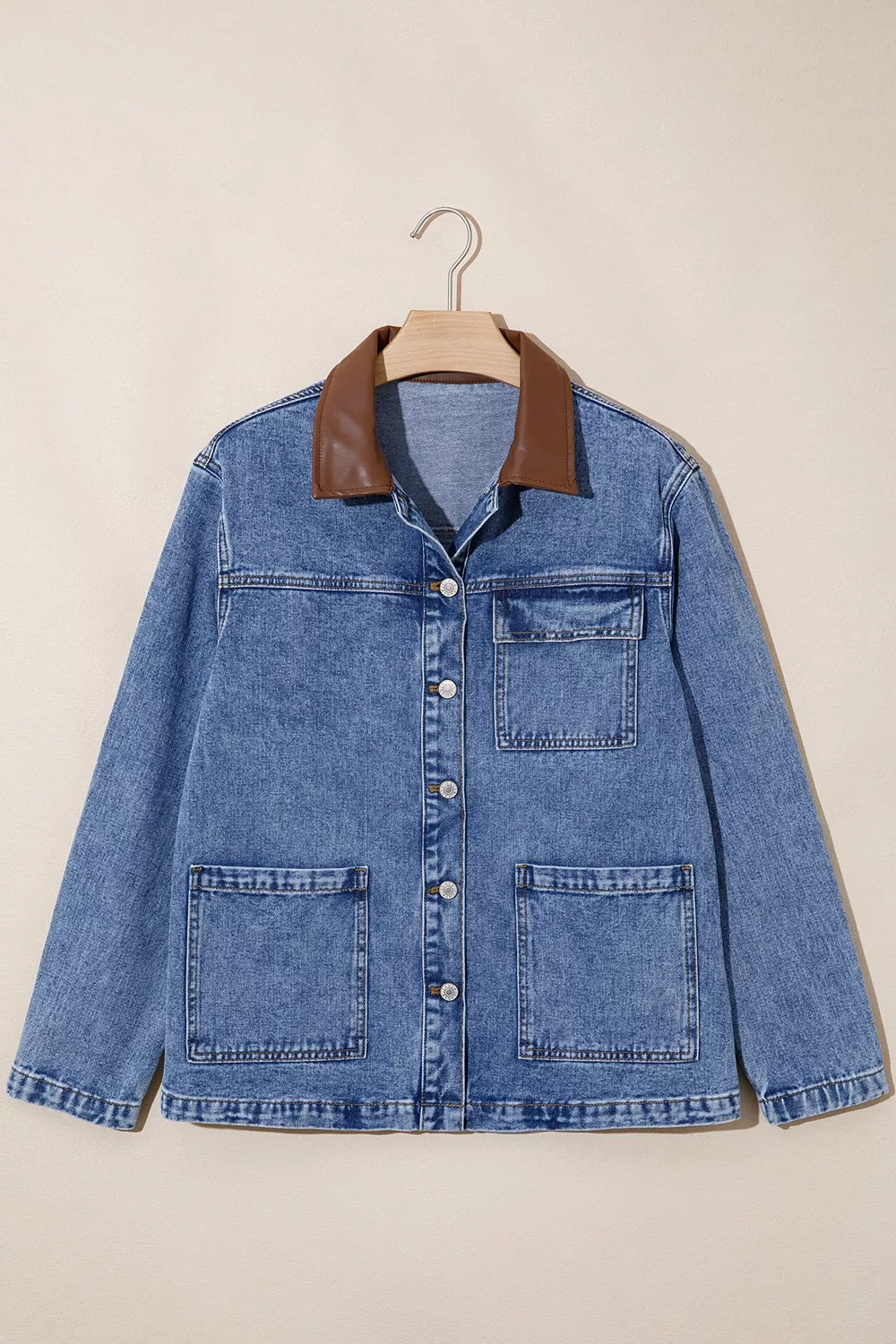 Patchwork Leather Collar Long Sleeve Denim Jacket, image 3