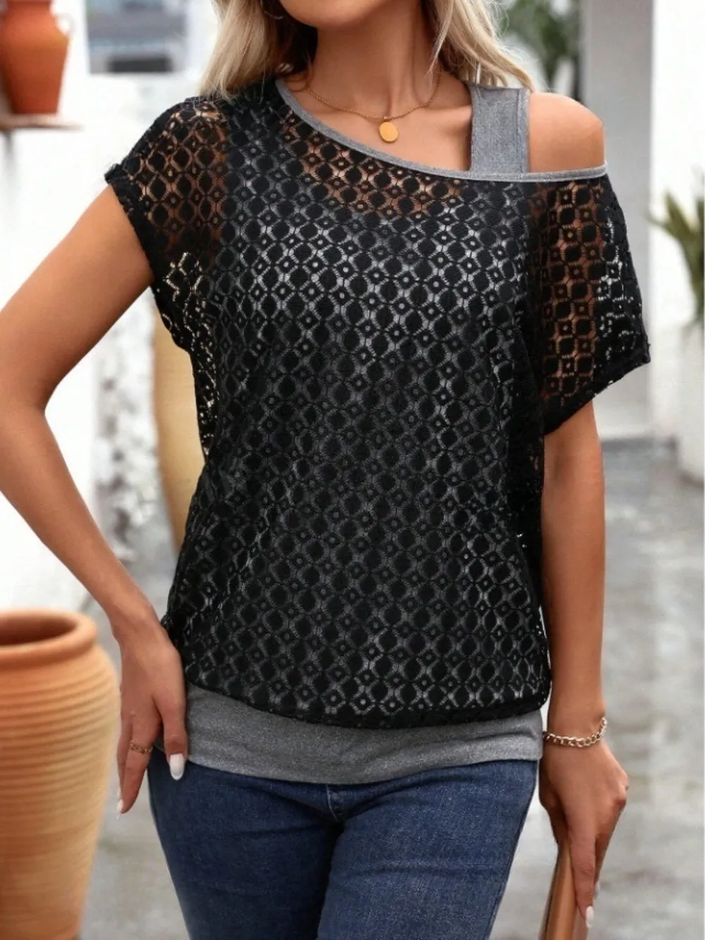 Lace Short Sleeve Fake Two Piece T-Shirt, image 5