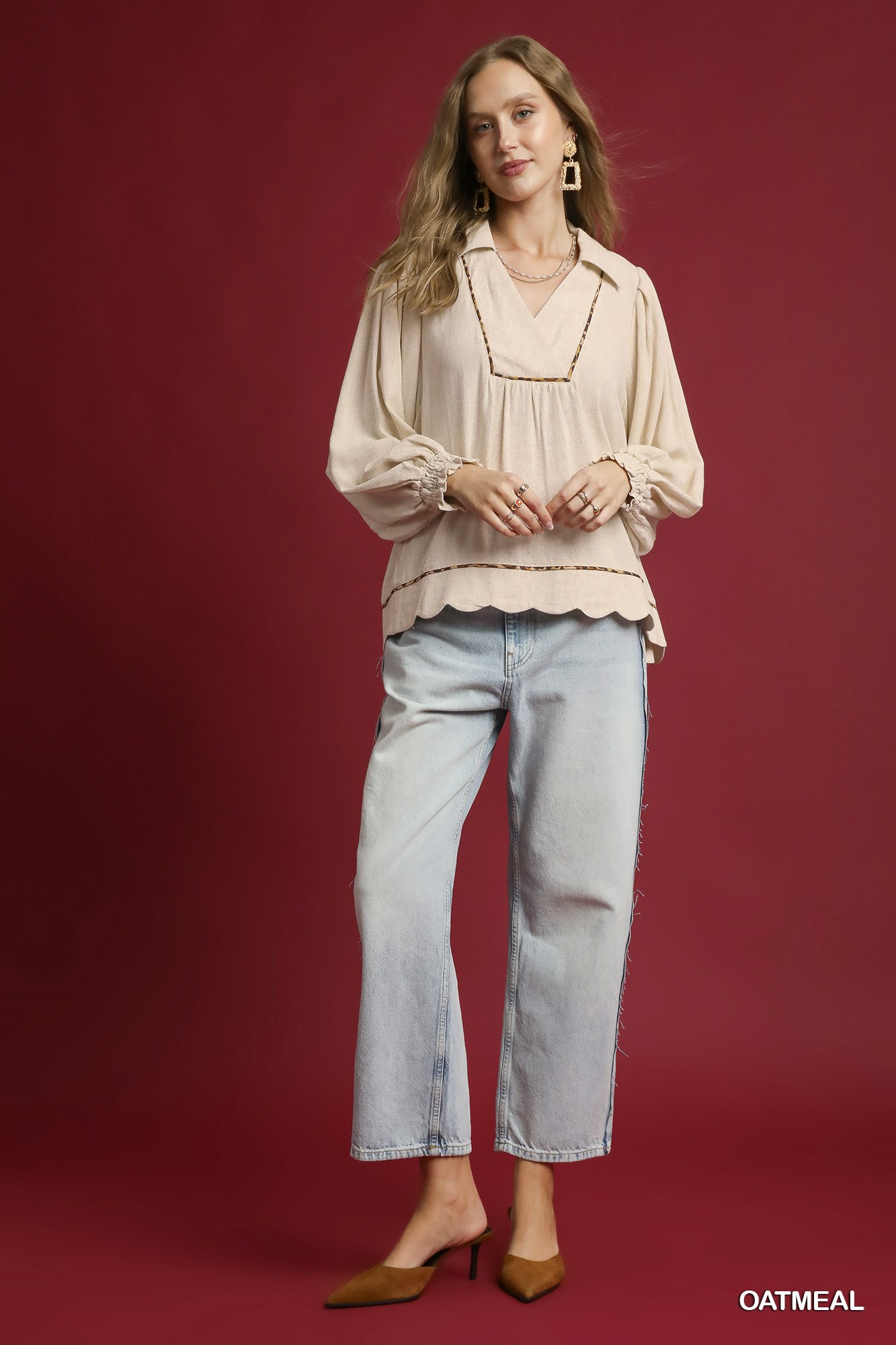 Full Size Linen Scallop Hem Blouse with Contrast Trim Plus Size, image 4