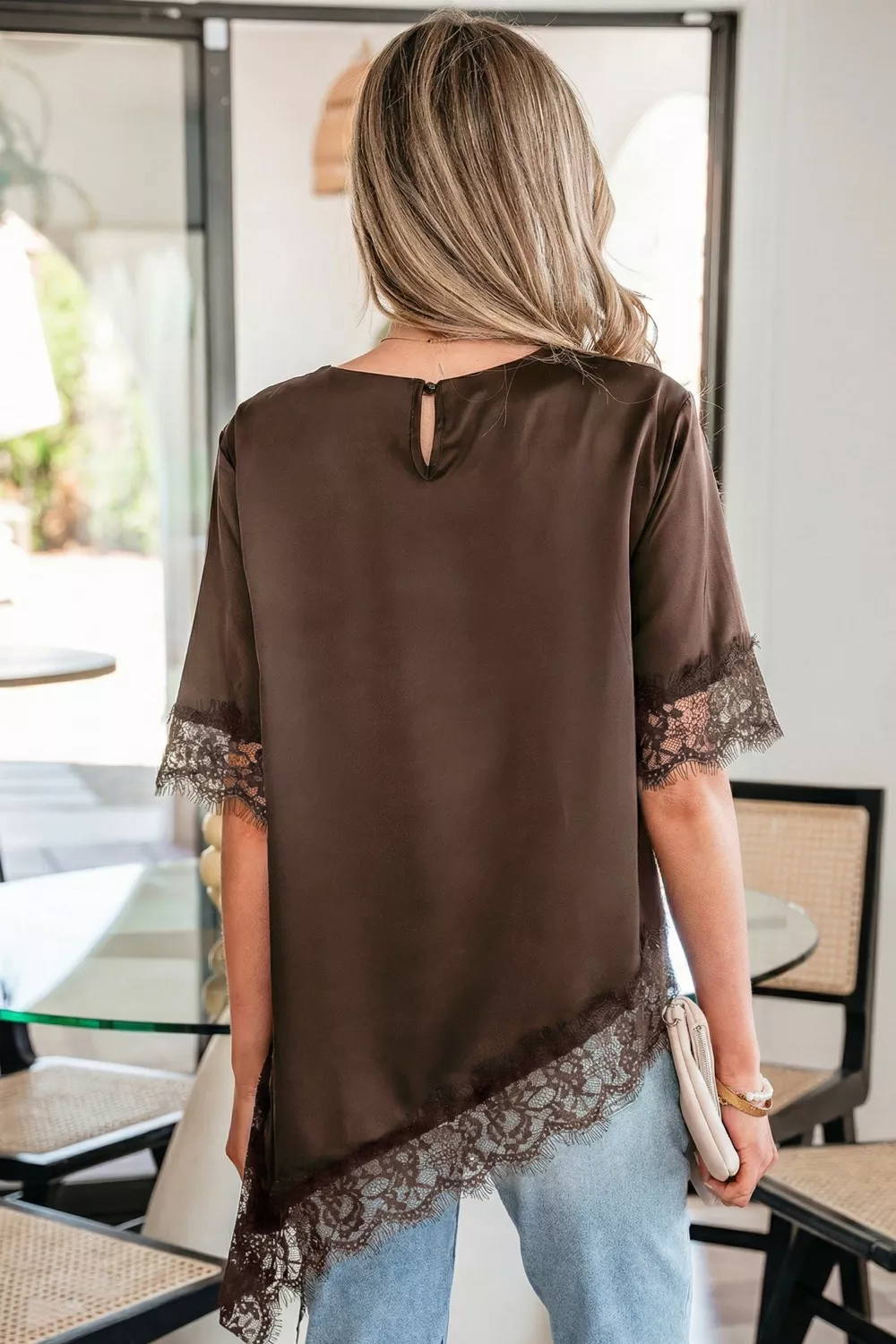 Asymmetric Lace Trim Short Sleeve Satin Top, image 2