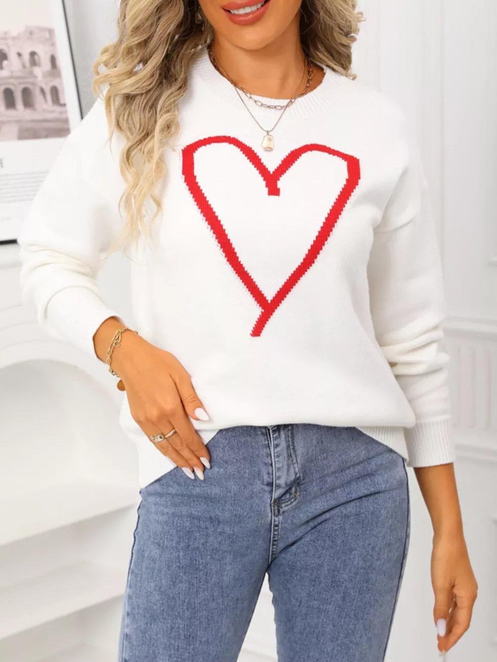 Valentine's Day Heart Graphic Dropped Shoulder Sweater, image 10