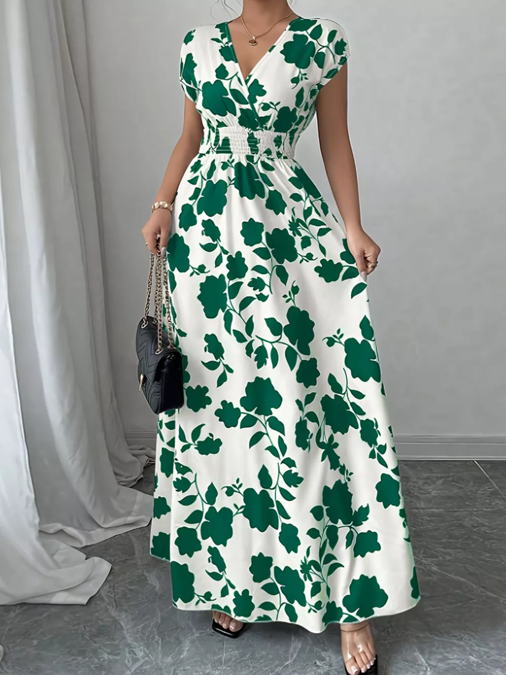 Printed Surplice Cap Sleeve Maxi Dress, image 10