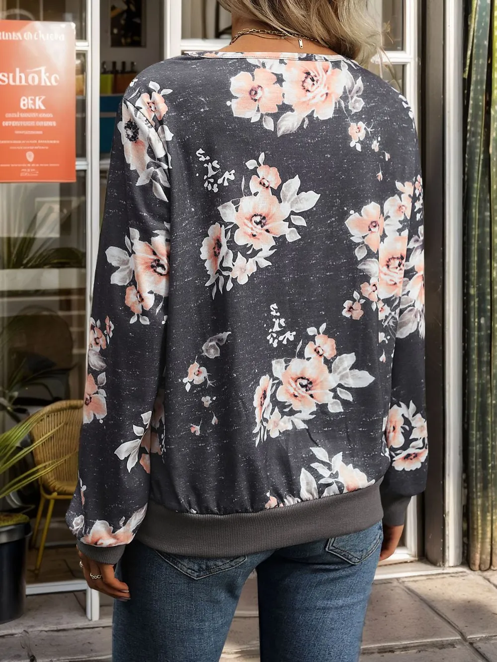 Printed V-Neck Long Sleeve Sweatshirt, image 2