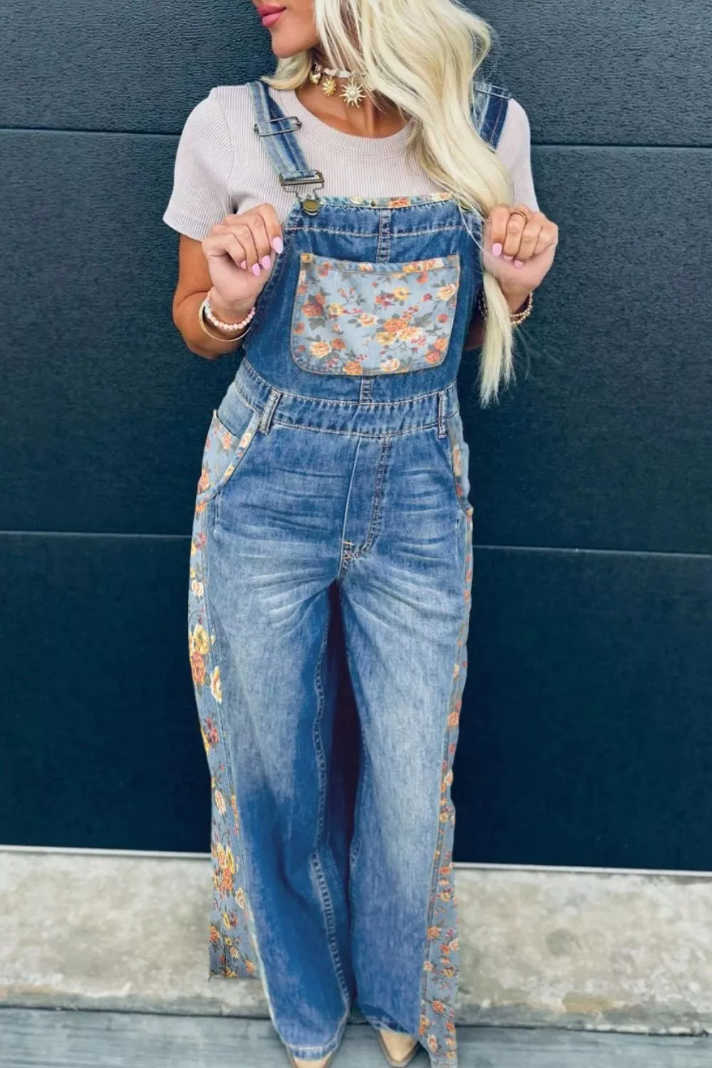 Vintage Rose Printed Pleated Loose Denim Overall, image 2