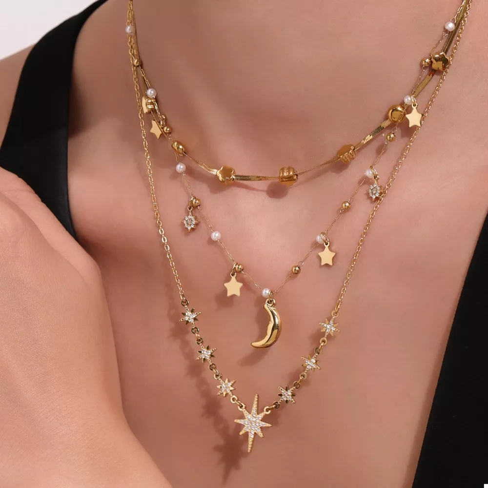 18K Gold-Plated Stainless Steel Zircon Star Moon Necklace, image 5