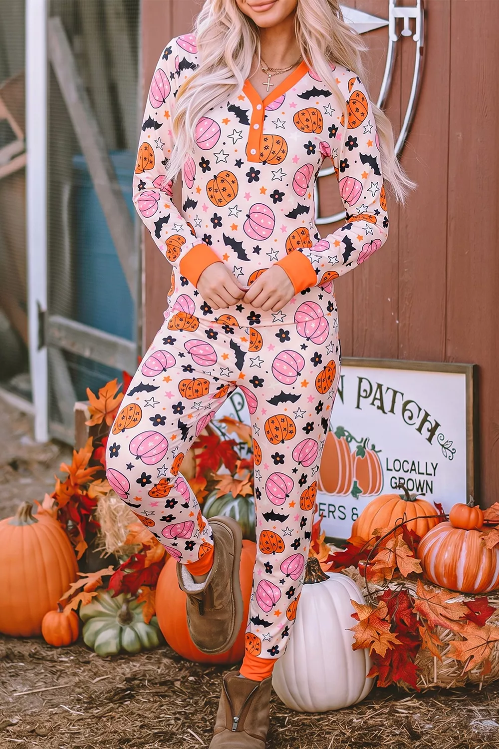 Halloween Pumpkin Print Long Sleeve Home Wear Lounge Set, image 4