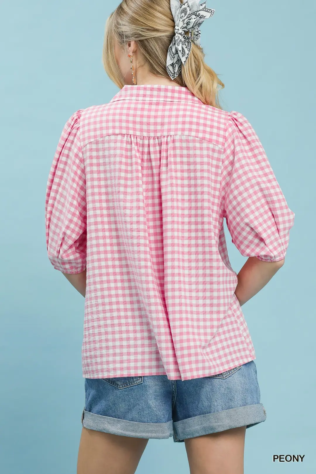 Gingham Puff Sleeve Collared Blouse, image 3