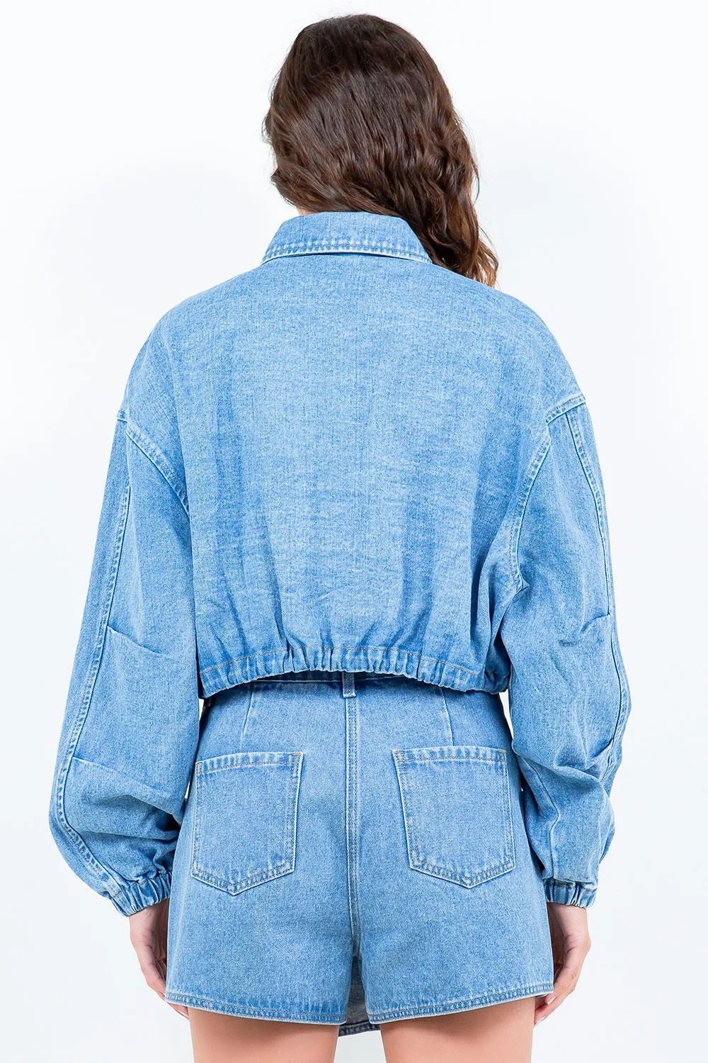 Drawstring Waist Crop Denim Jacket, image 4