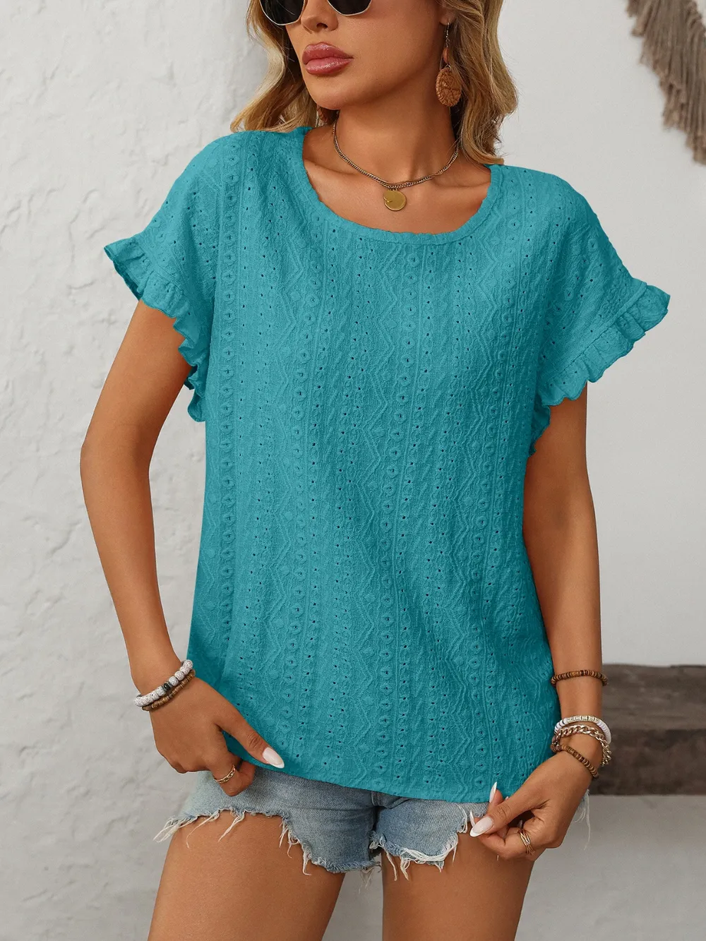 Eyelet Round Neck Short Sleeve Top, image 25
