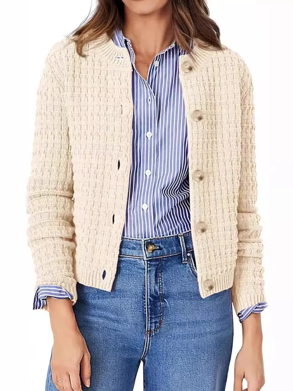 Button Up Round Neck Long Sleeve Cardigan, image 4