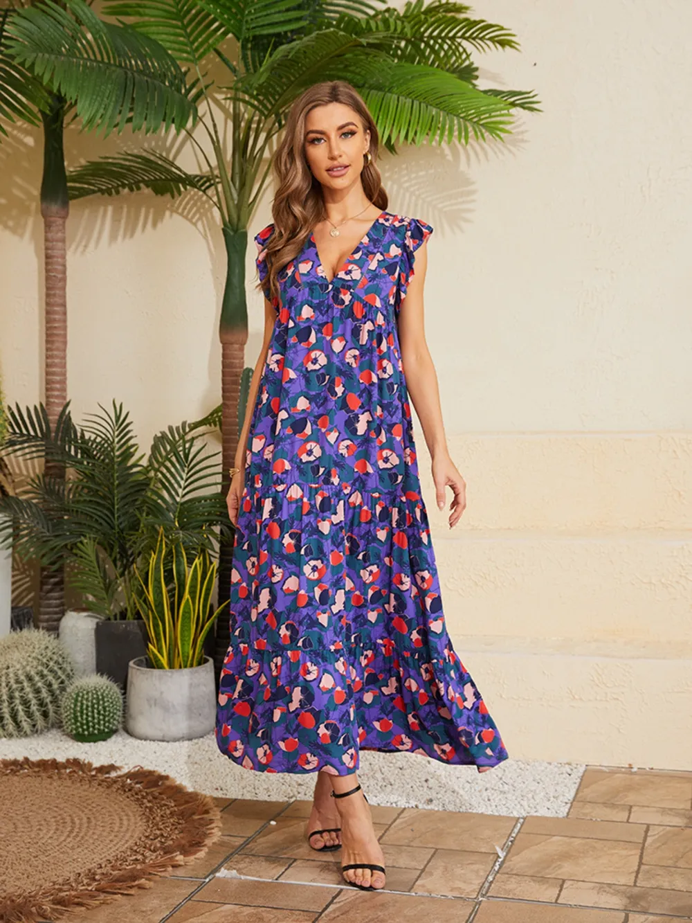 Floral V-Neck Cap Sleeve Summer Dress, image 9
