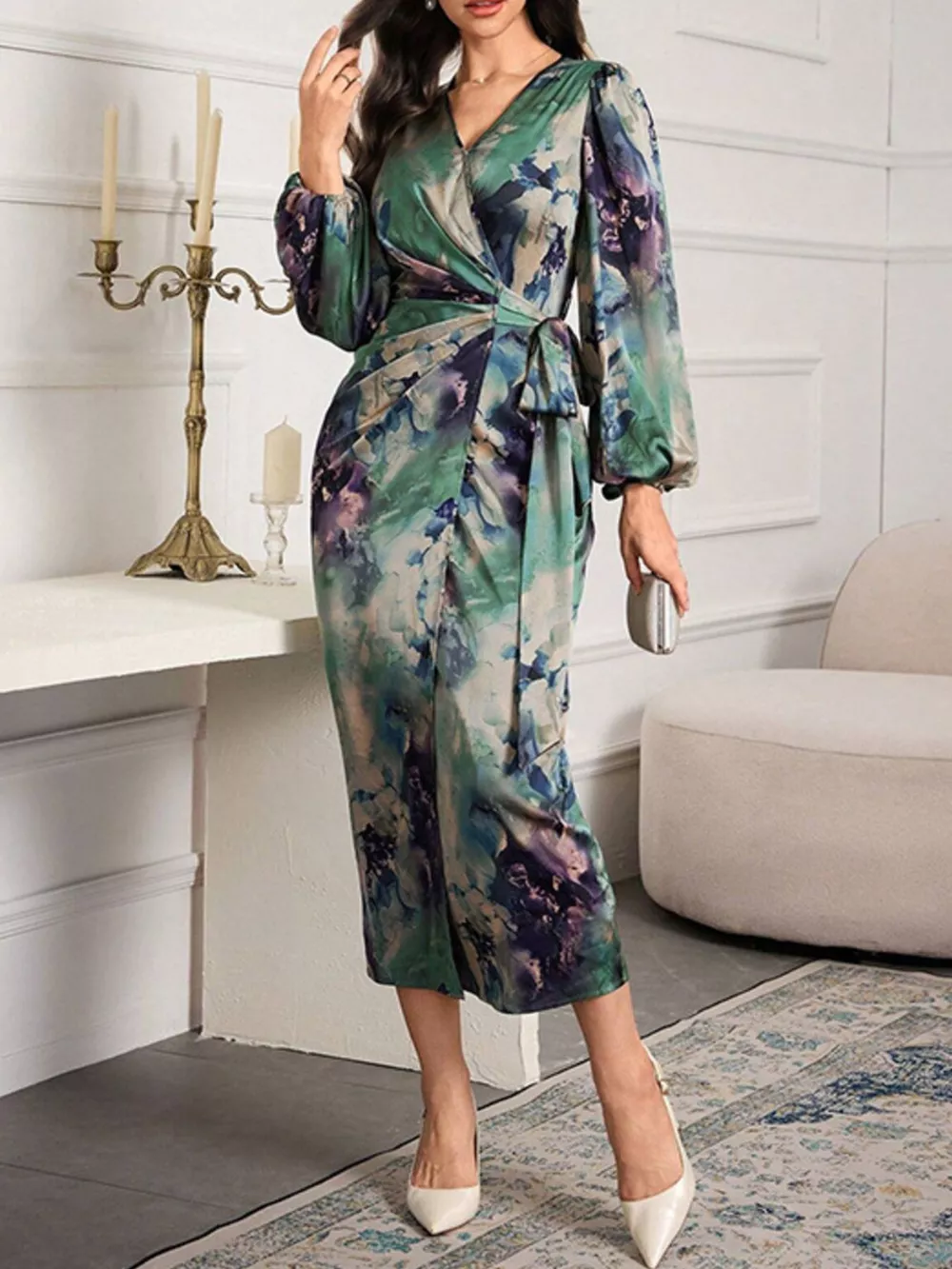 Printed Tie Waist Balloon Sleeve Dress, image 5