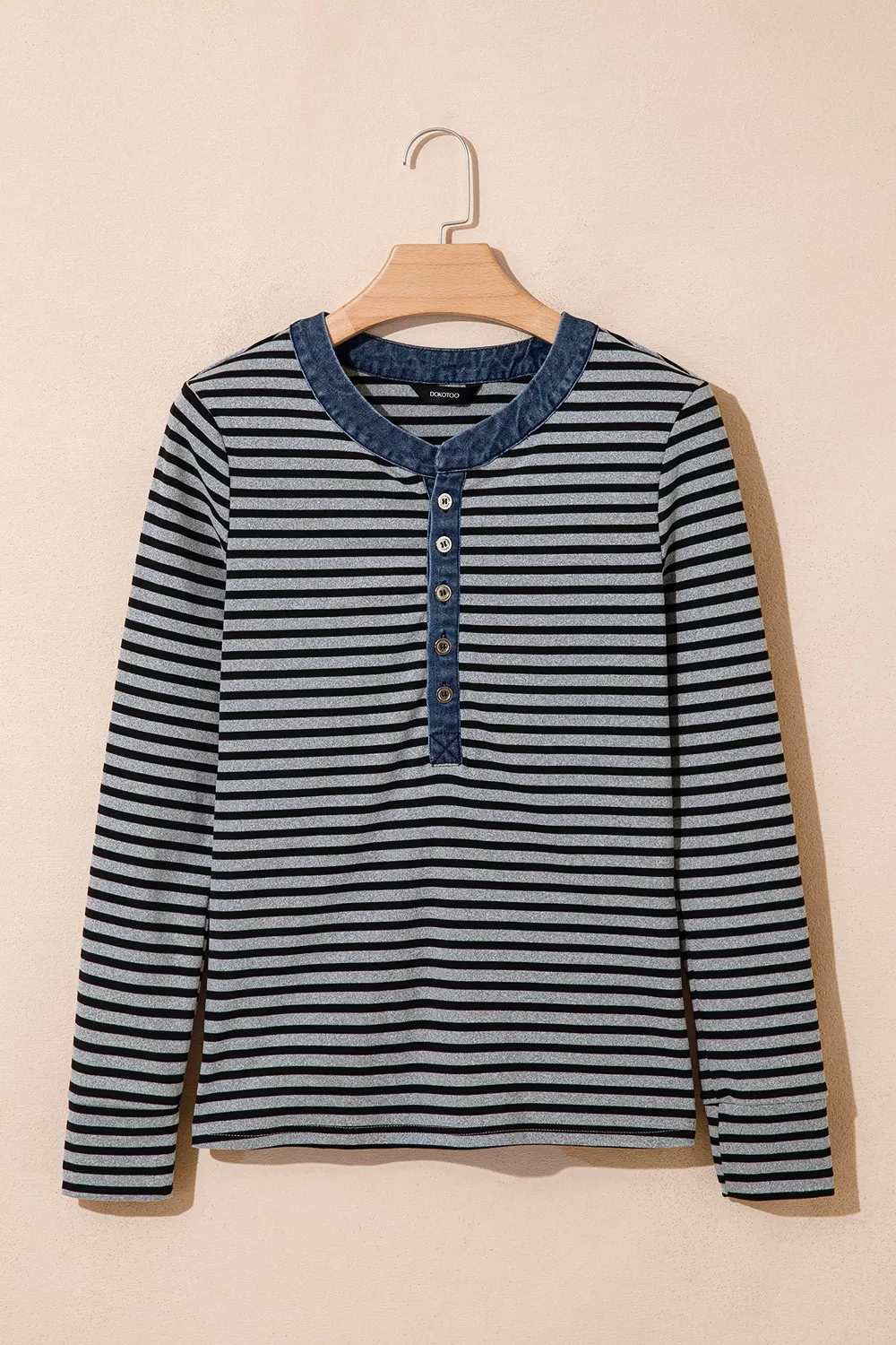 Stripe Denim Contrast Collar Half Button Long Sleeve Top, image 9