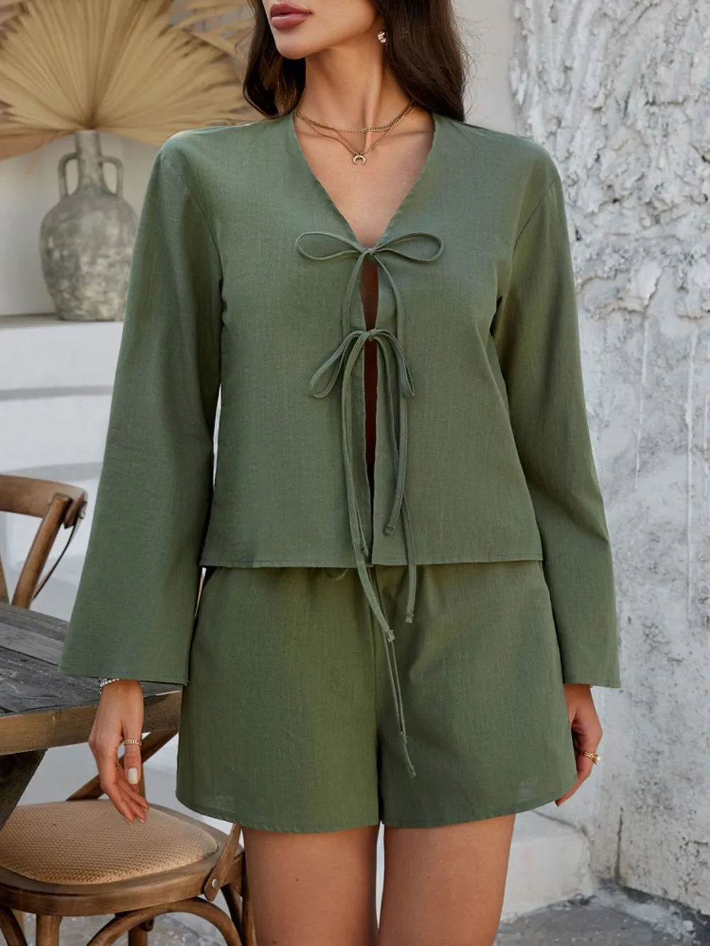Double Tied V-Neck Top and Shorts Set, image 3