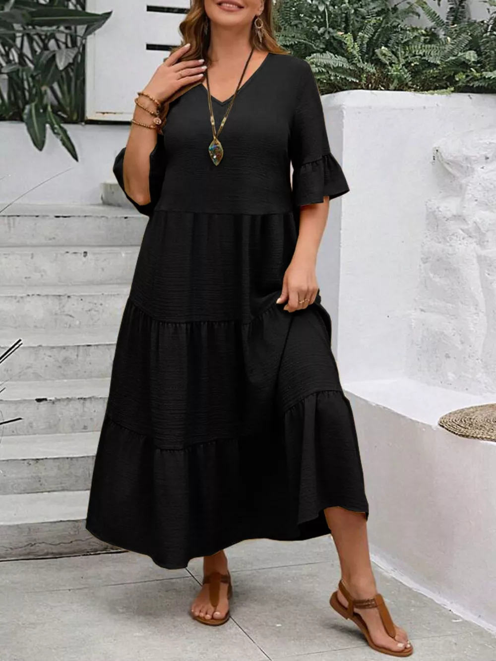 Plus Size Ruffle Sleeves Tiered Midi Dress, image 2